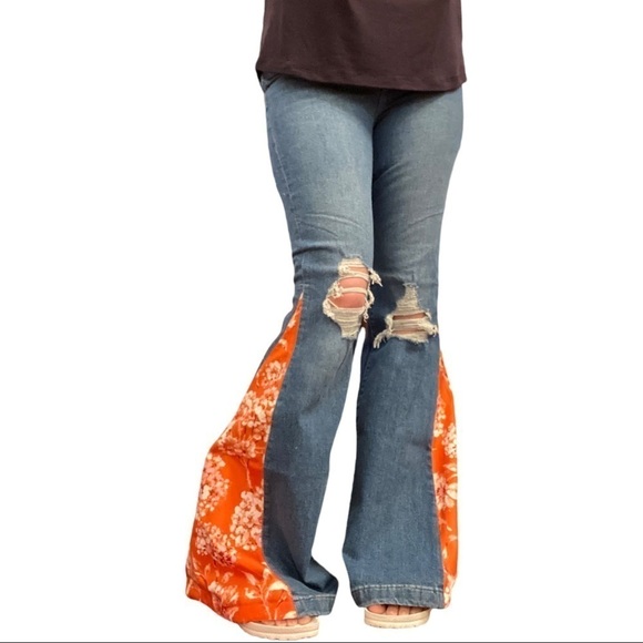 Reworked Bell Bottom High Rise Wide Leg Flare Stretch Distressed Jeans TALL - Picture 7 of 7